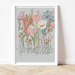 Load image into Gallery viewer, Grounded illustrated boho flowers print on grey background
