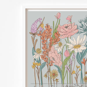 Grounded illustrated boho flowers print on grey background