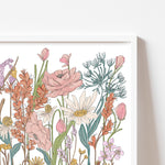 Load image into Gallery viewer, Grounded illustrated boho flowers print on white background
