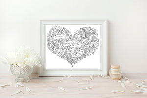 Personalised Black and White Family Doodle Heart Print