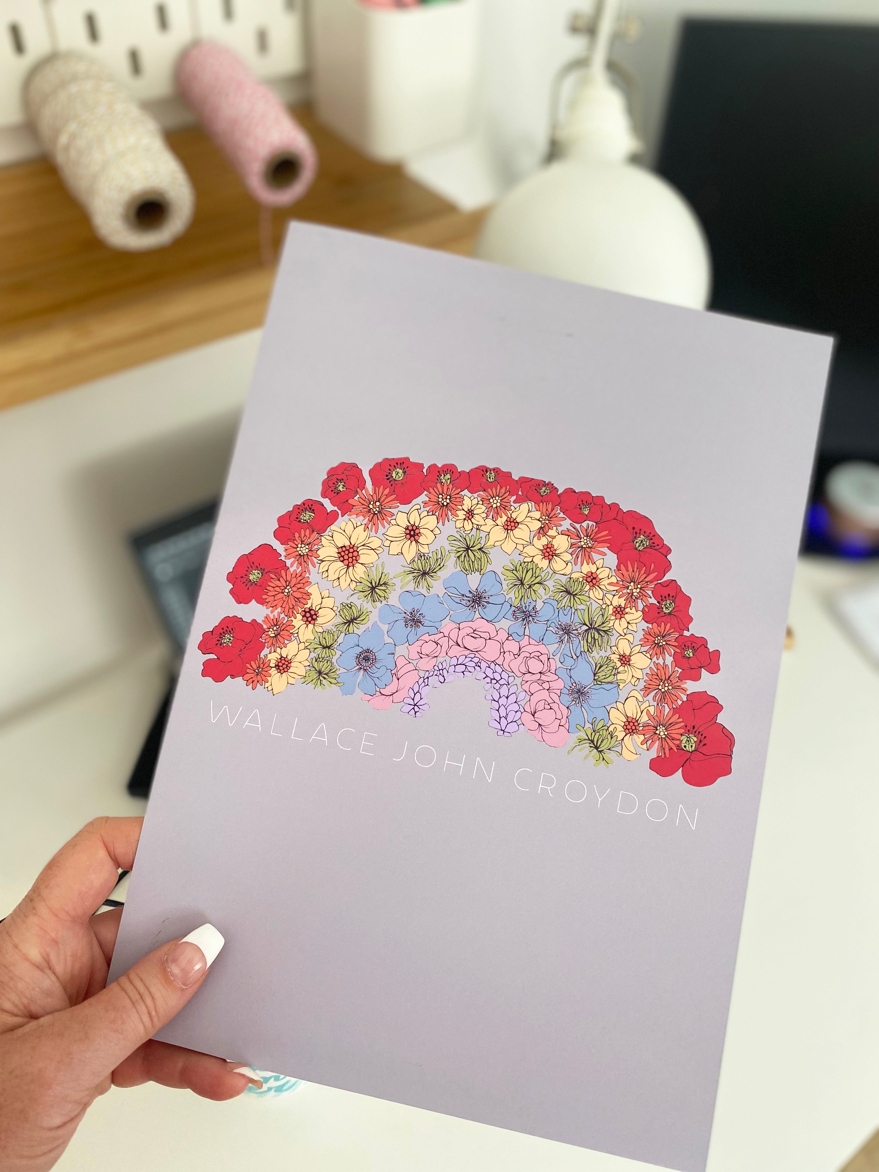 Rainbow flowers personalised print Grey