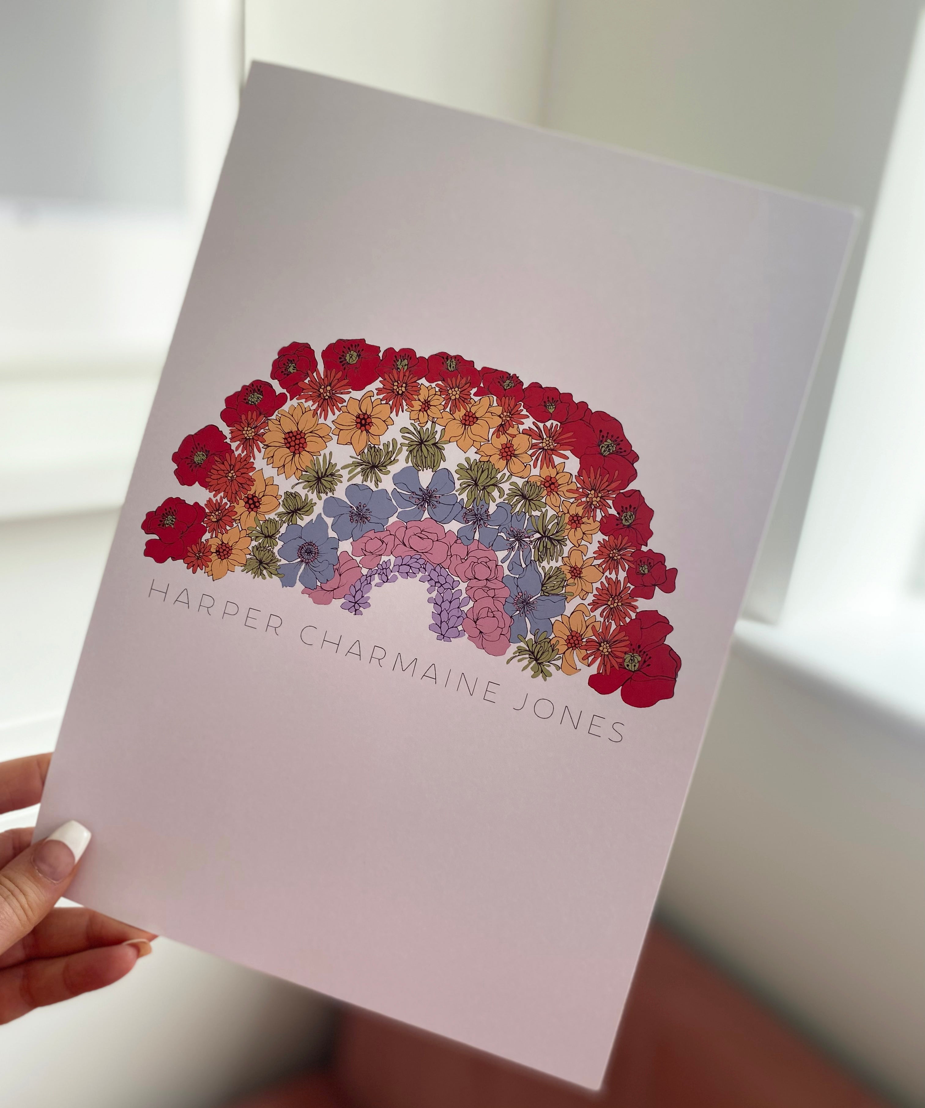 Rainbow flowers personalised print white