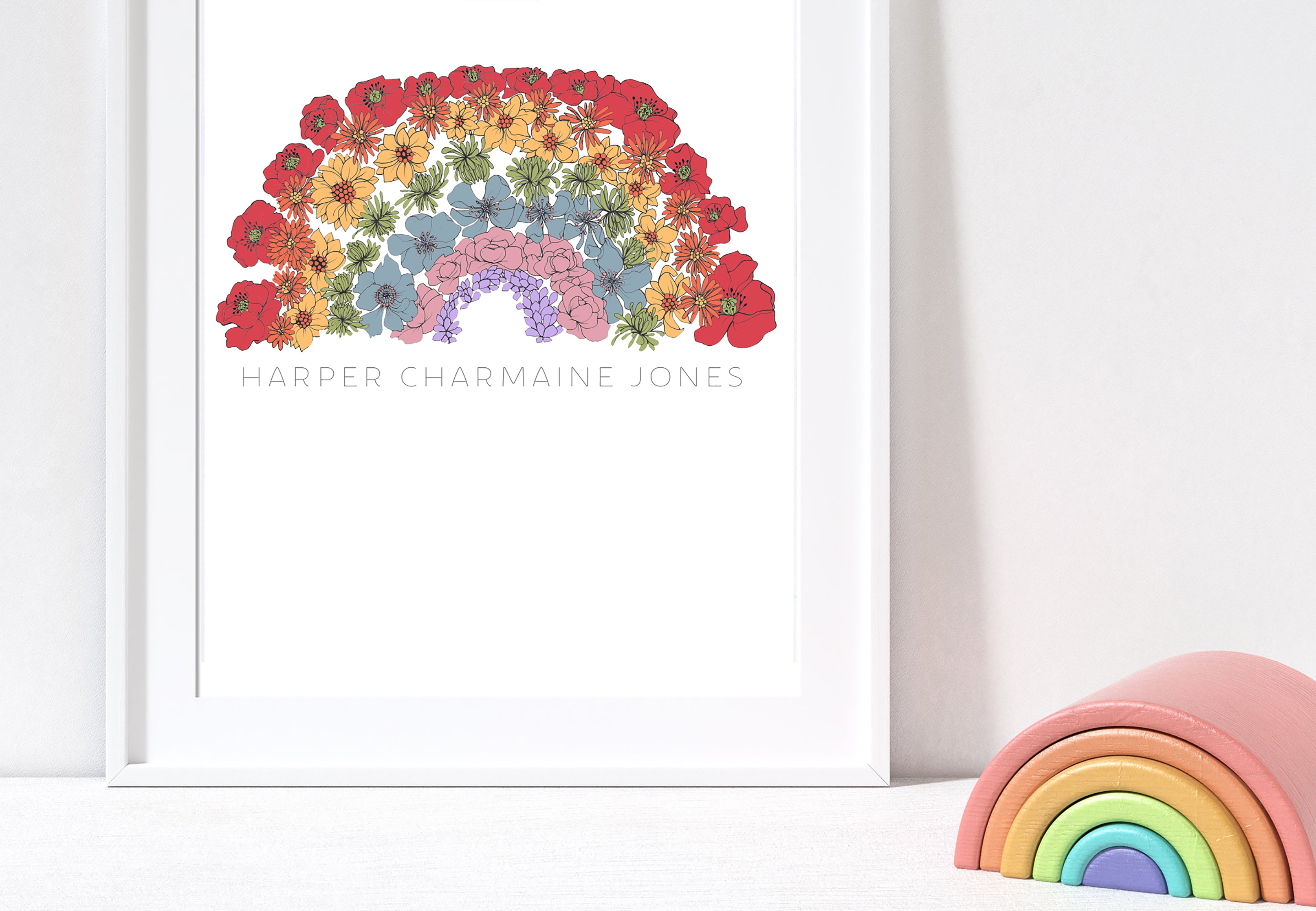 Rainbow flowers personalised print white