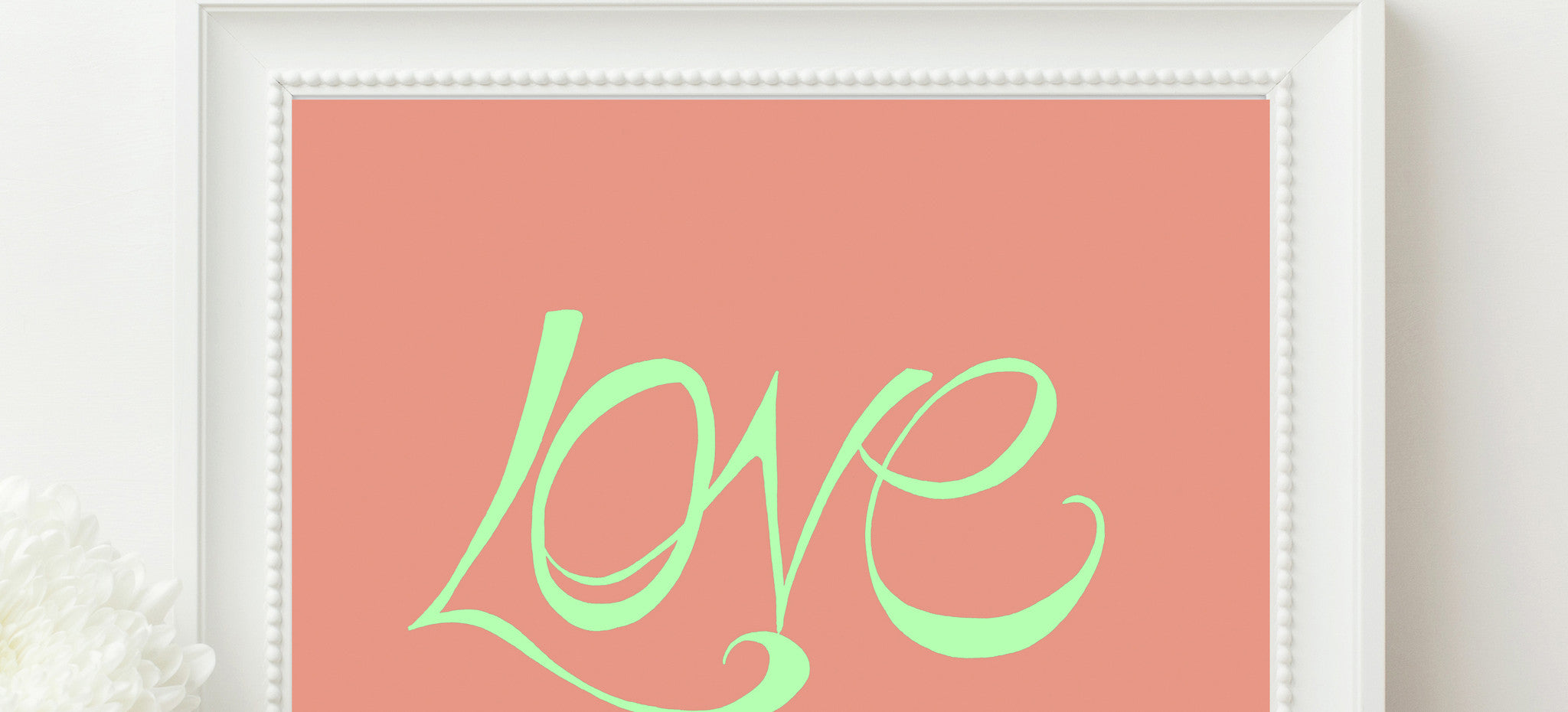 Hand Illustrated Love Print - Mint on Coral