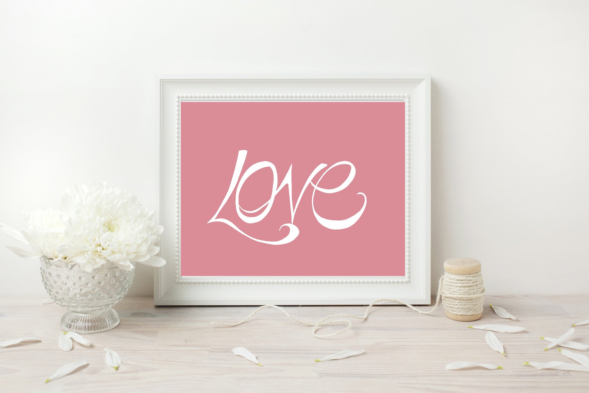 Hand Illustrated Love Print - White on Pink