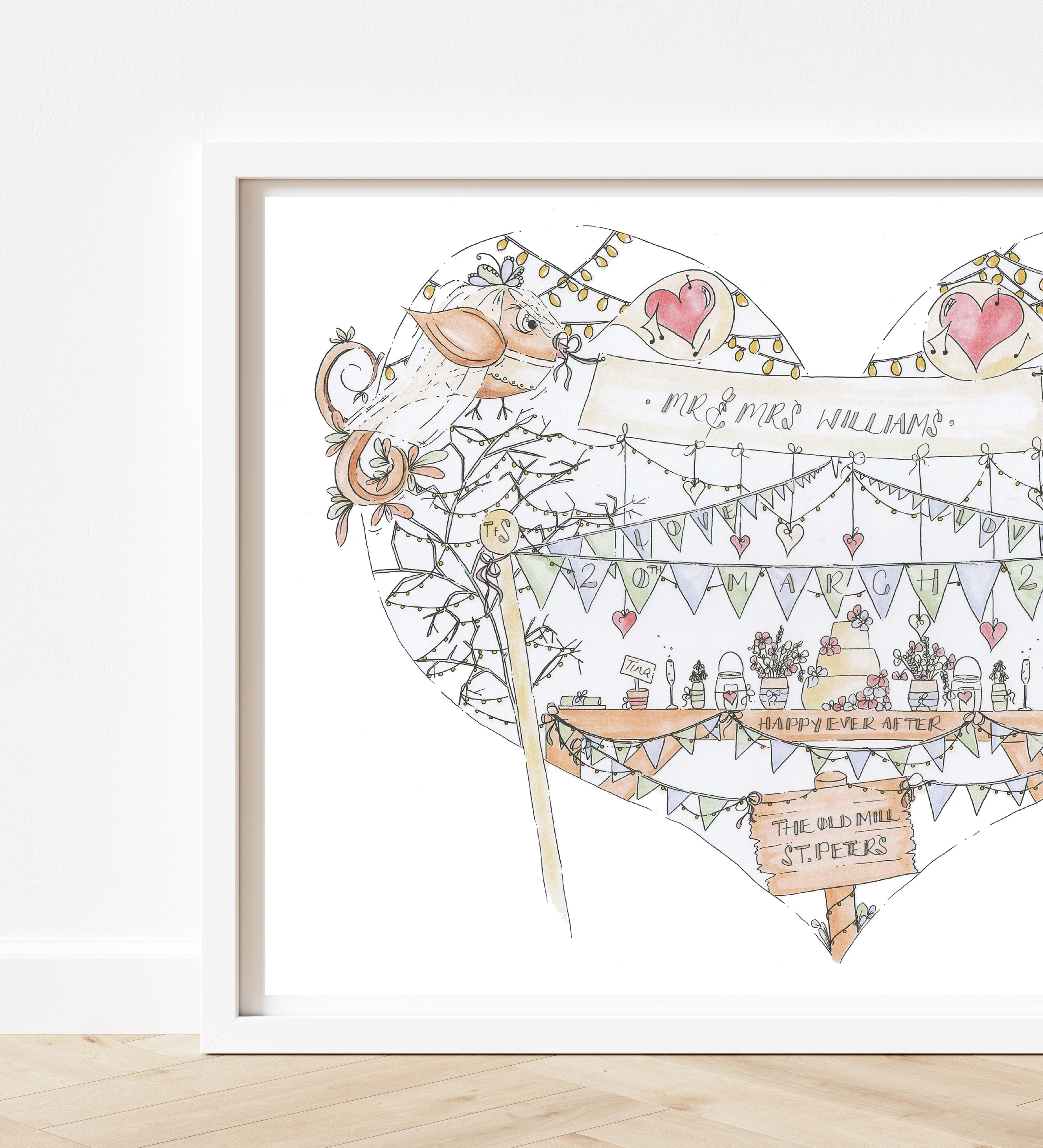 Mr & Mrs Birds and Bunting Personalised Wedding Print