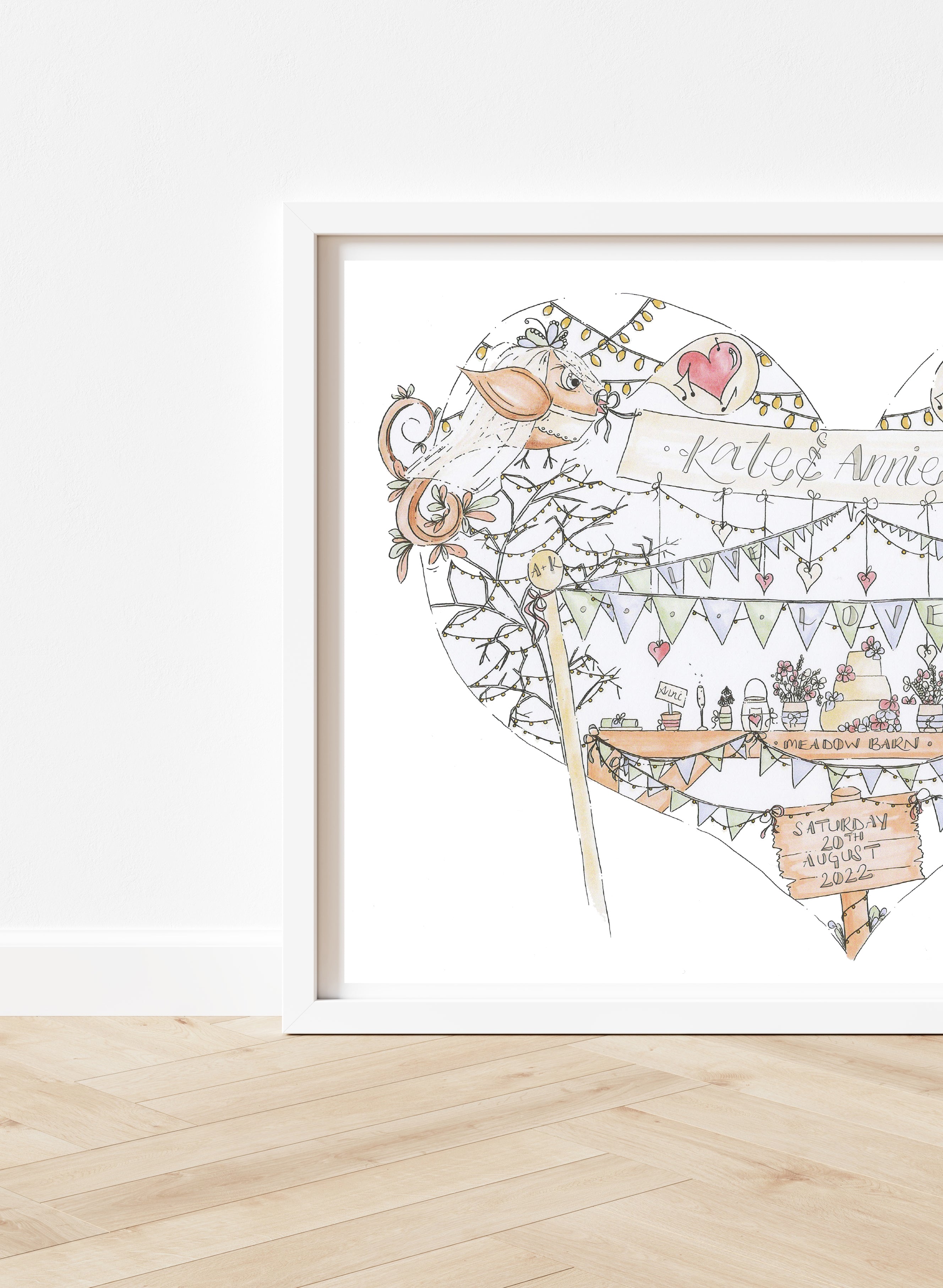Mrs and Mrs Birds and Bunting Personalised Wedding Print