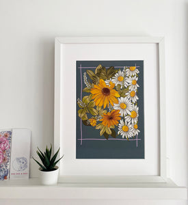 Rudbeckia, daisies and gooseneck floral print