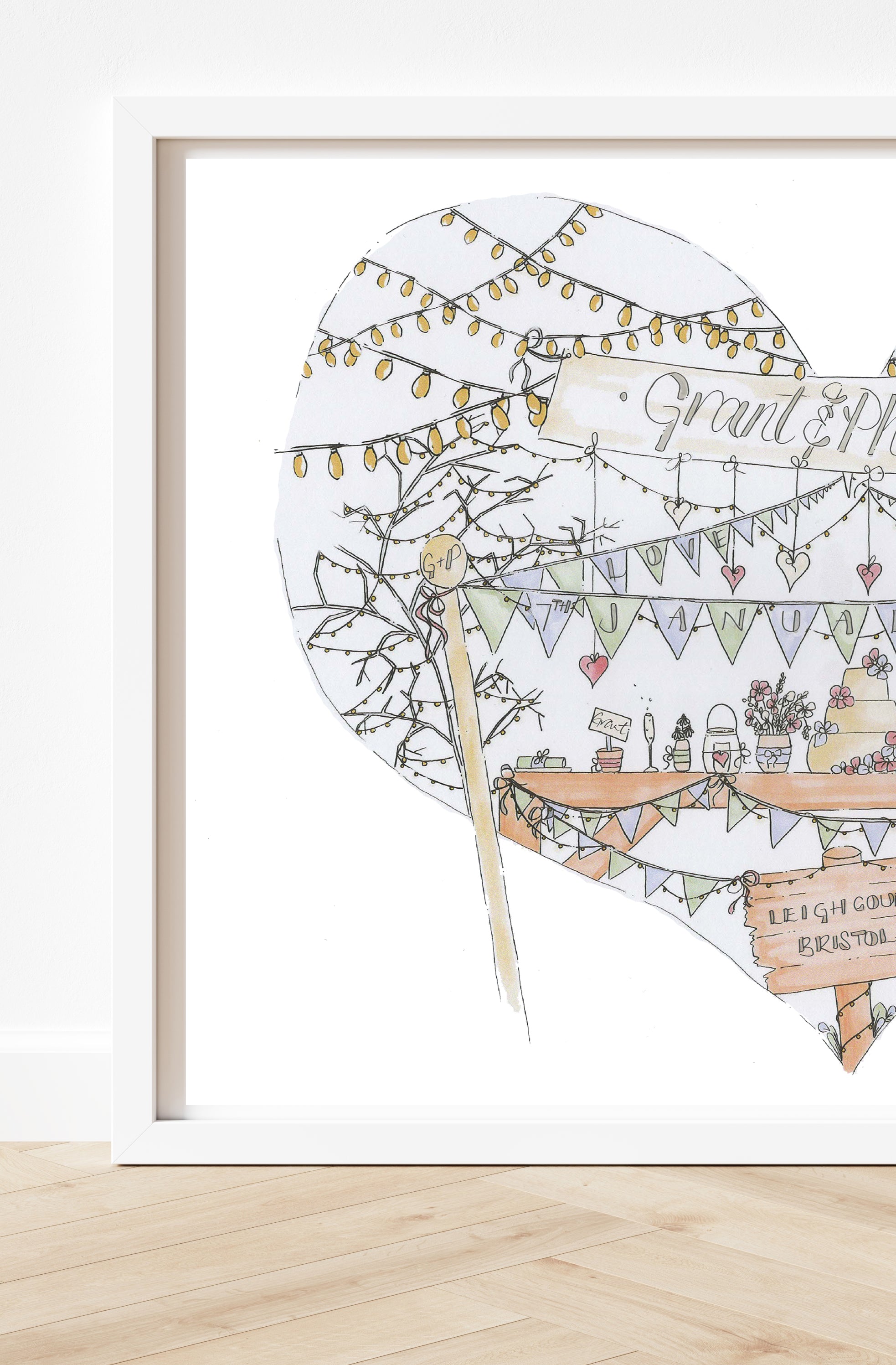 Bunting, wedding party, Fairy Lights Personalised Wedding Print